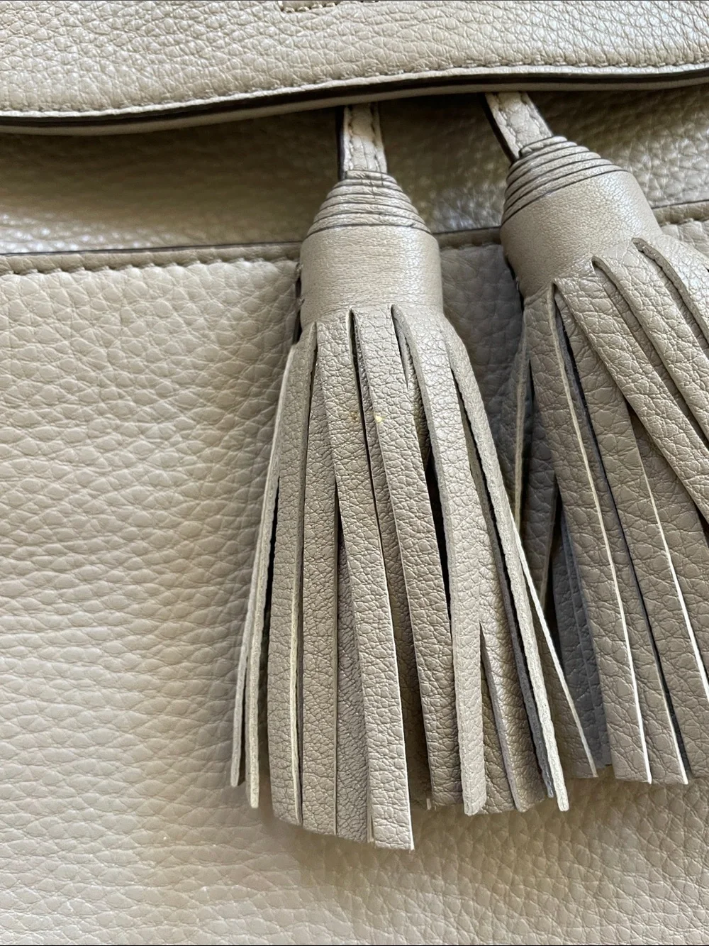 Tory Burch Pebbled Leather Tassel Backpack in Taupe Beige VG Cond